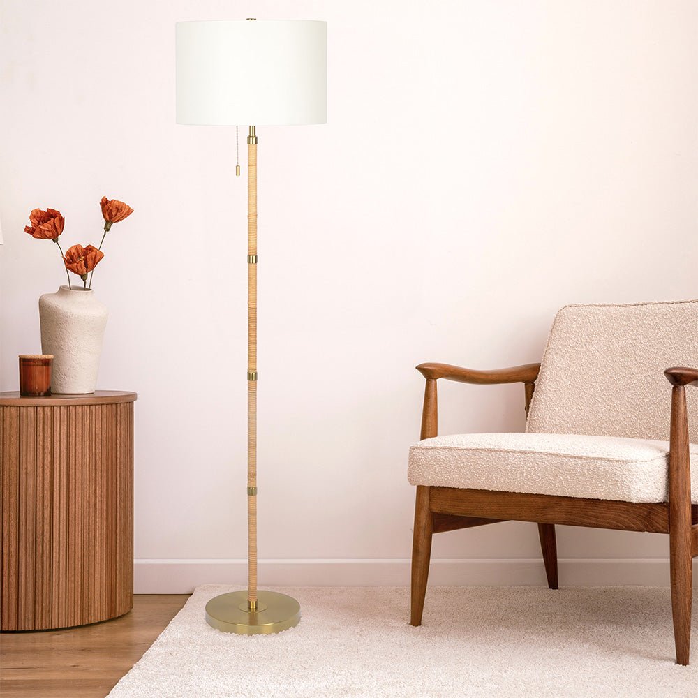 Stellar Wood Rattan Tube - Gold Brass Metal and White Linen Shade Floor Lamp. Picture 3