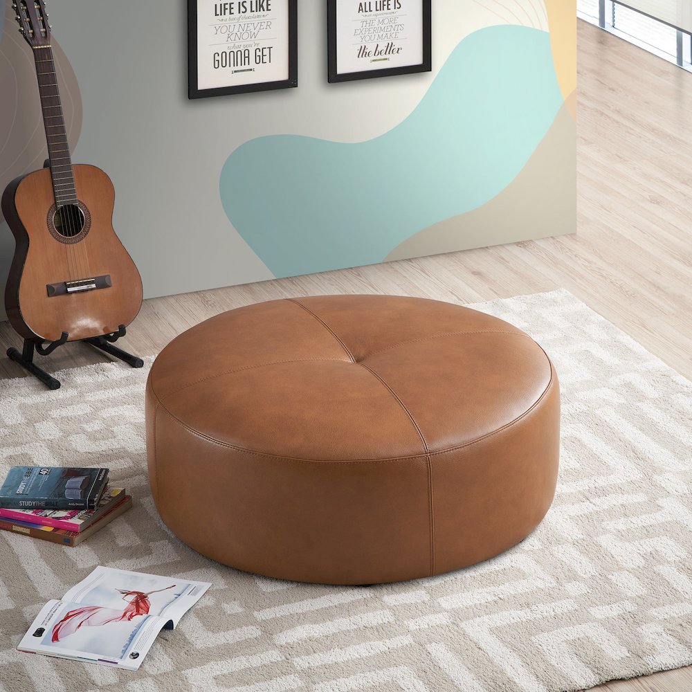 Rochelin Tan Leather Ottoman. Picture 4