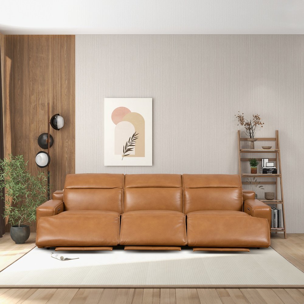 Urbana Triple PWR Tan Leather Recliner Sofa. Picture 8