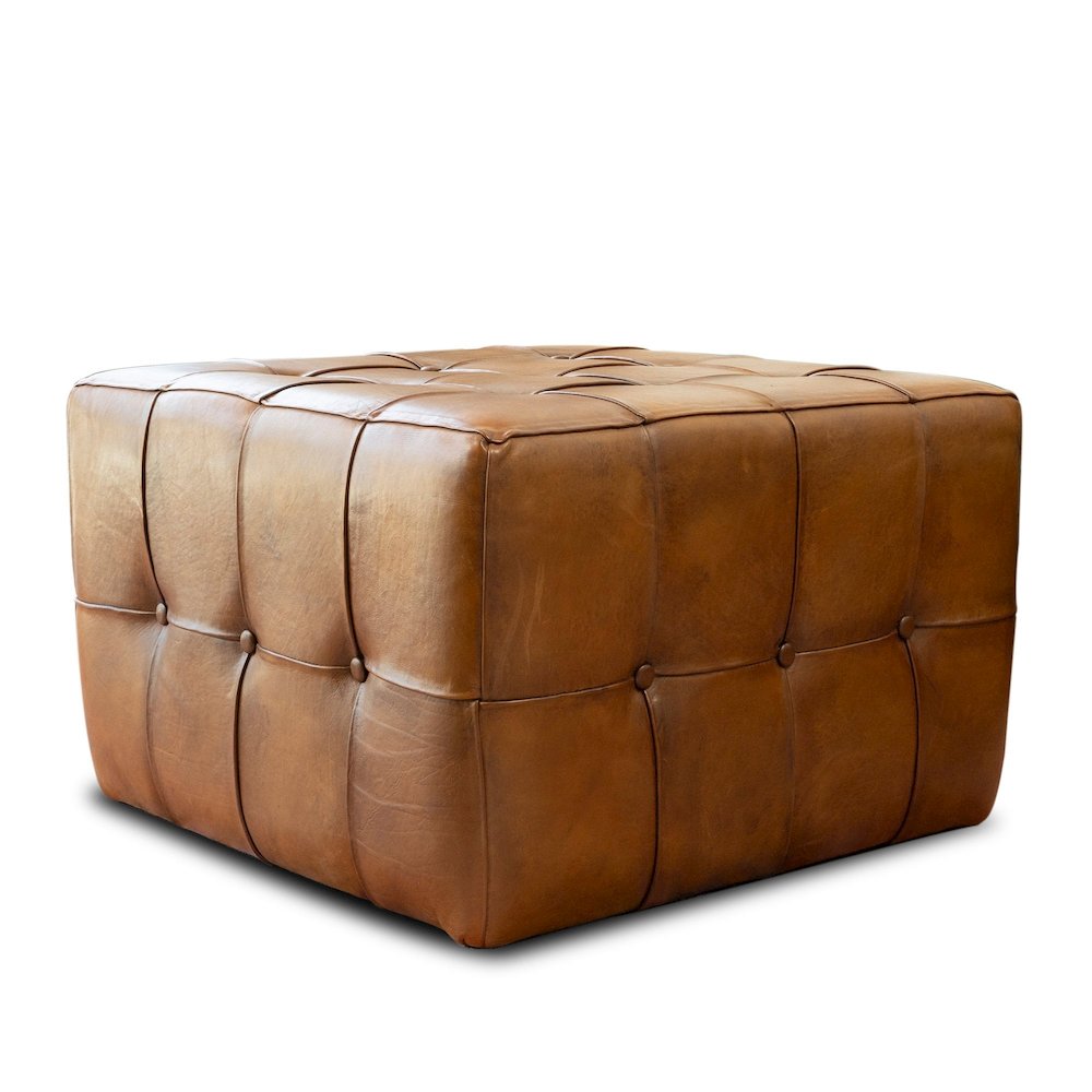 Benjiro Square Tan Leather Ottoman. Picture 1