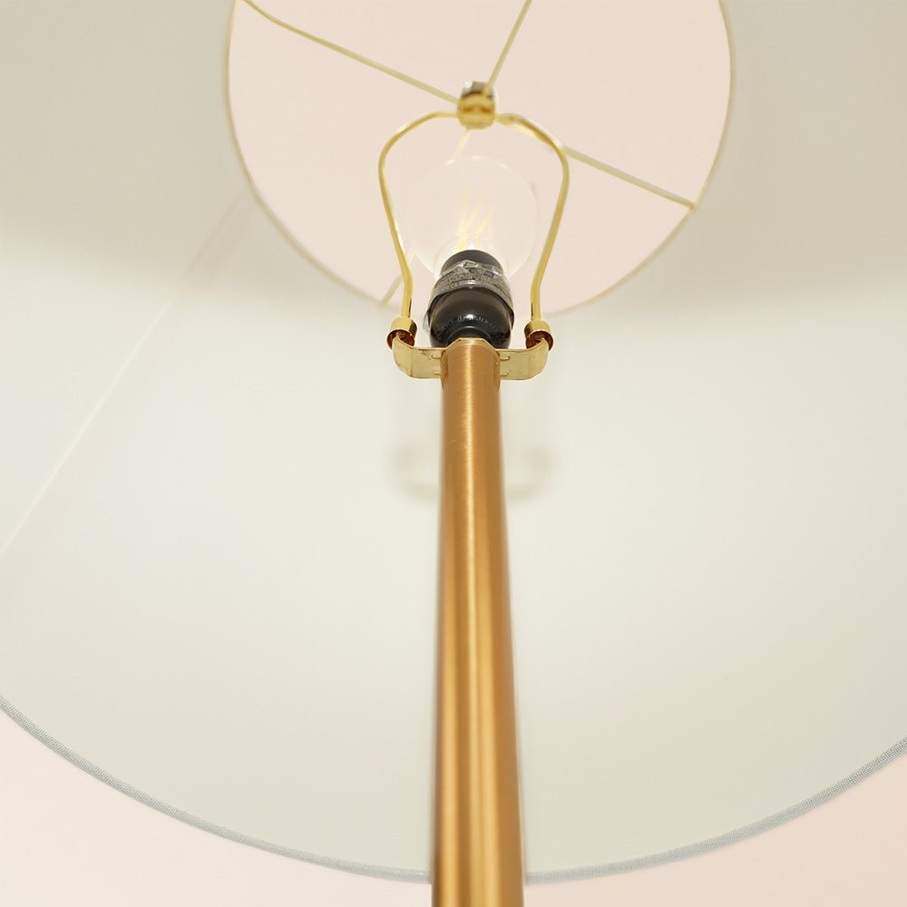 Celestial Modern Floor Lamp with Brass Accent Table with Large White Shade. Picture 5