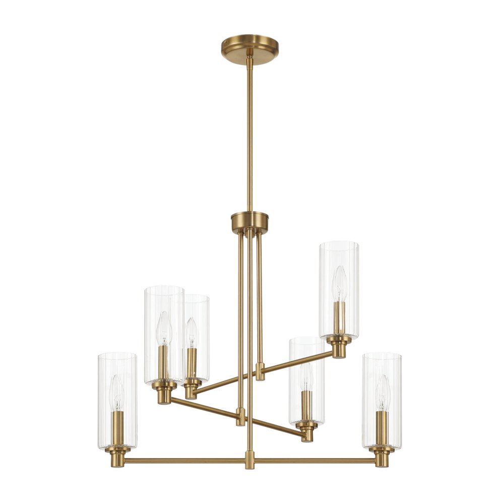 Timeless Six Lights Chandelier With Clear Ribbed Glass - Satin Brass. Picture 1