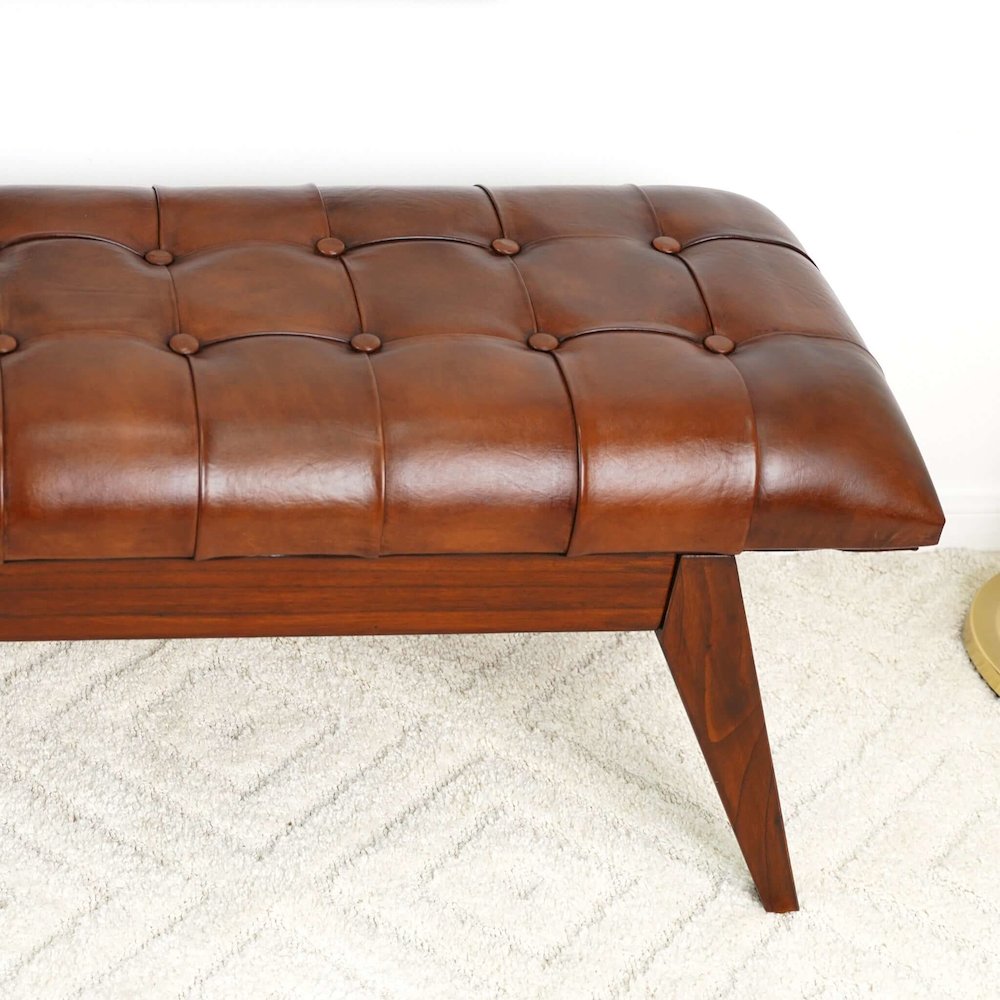 Maja Mid Century Modern Tan Leather Bench. Picture 4