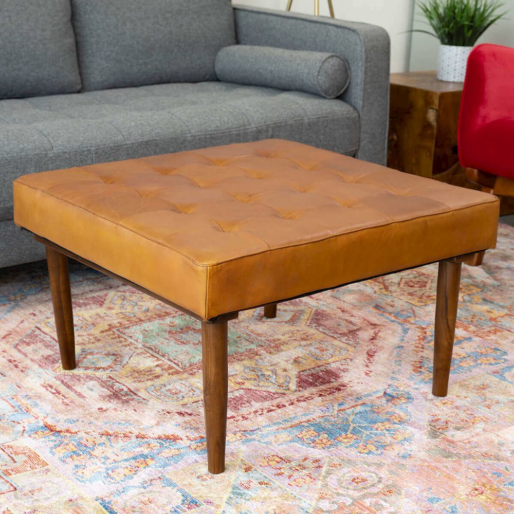 Mark Mid-Century Tufted Square Genuine Leather Upholstered Ottoman in Tan. Picture 2
