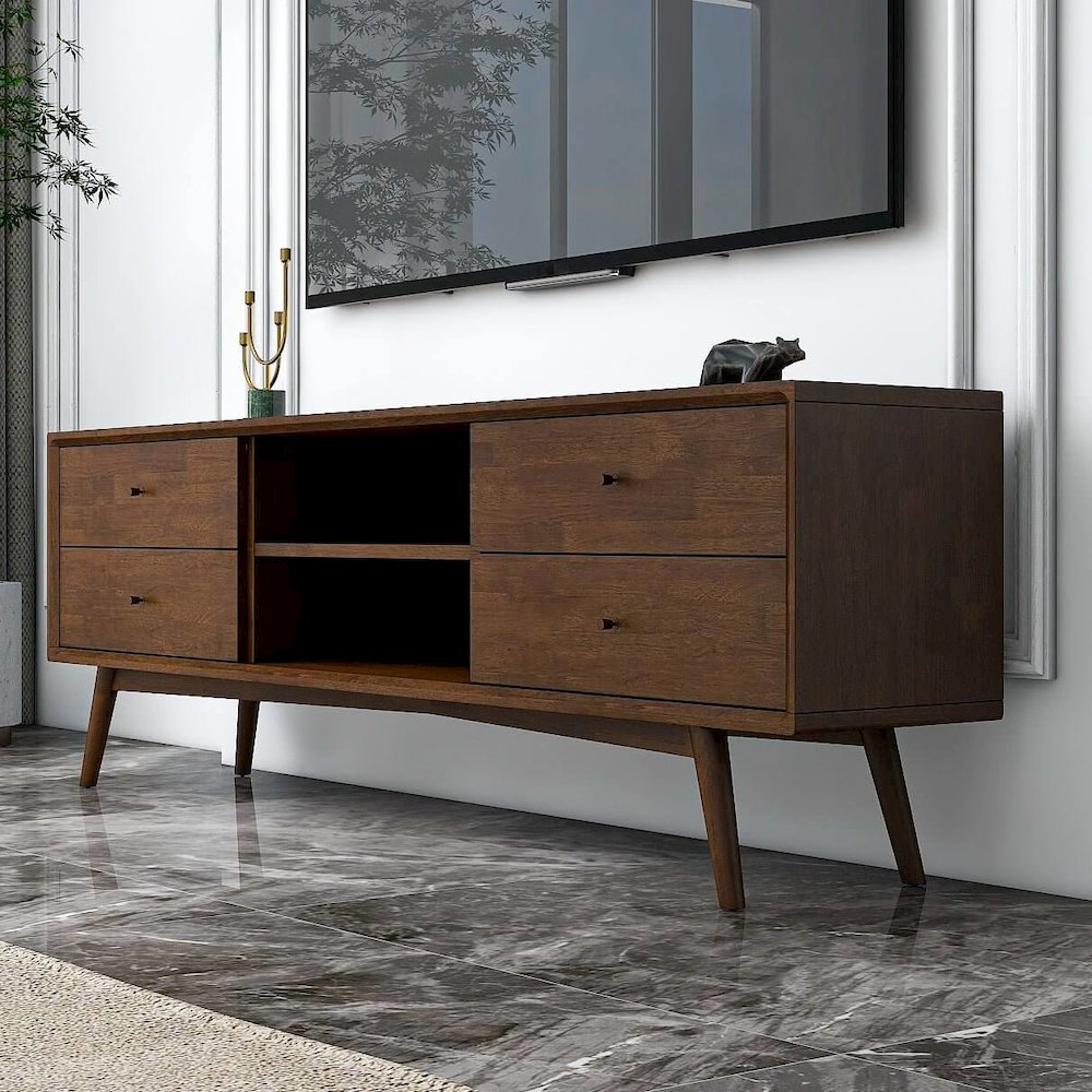 Caroline Mid-Century Modern Style Walnut TV Stand Up To 72". Picture 6