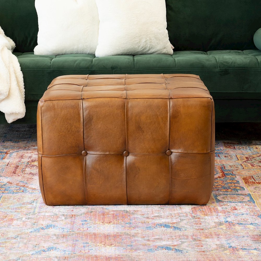 Benjiro Square Tan Leather Ottoman. Picture 3