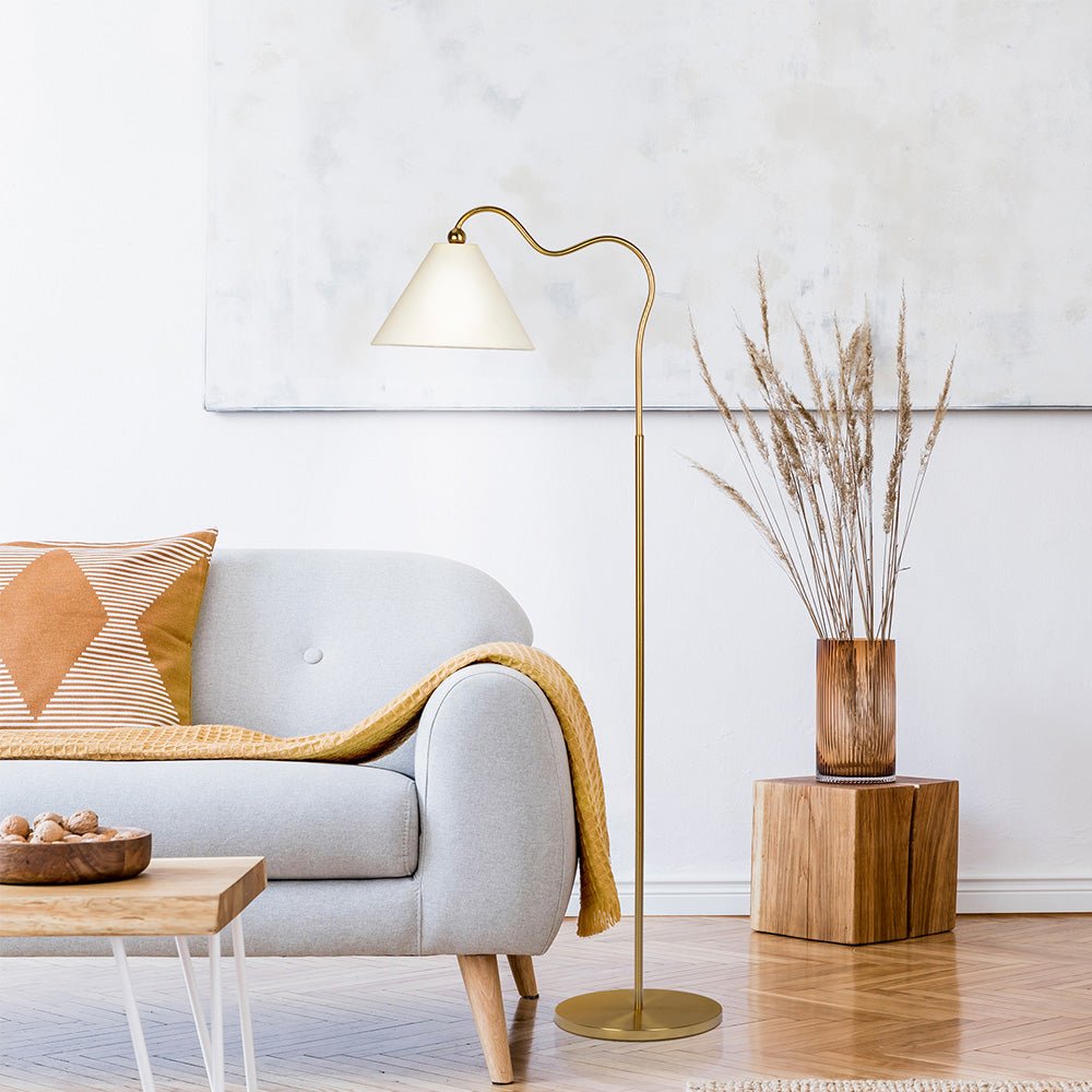 Majestic Brass Ring Base Curved Floor Lamp with Triangle White Drum Shade. Picture 2