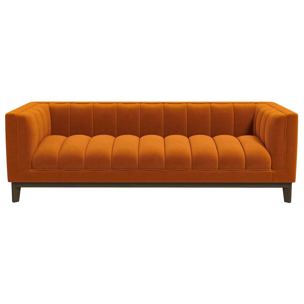 Melissa Mid-Century Orange Velvet Modern Sofa. Picture 1