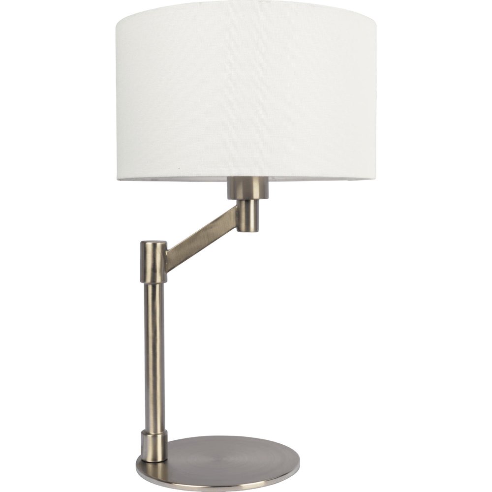 Brushed Nickel Table Lamp with On/Off Switch Curved Metal Base Linen Shade. Picture 1