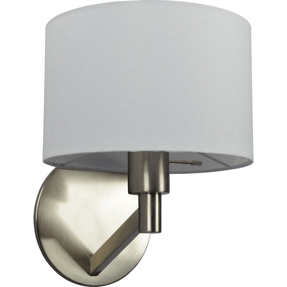Nebula Brushed Nickel Base Wall Lamp with Rotary Switch White Fabric Shade. Picture 1
