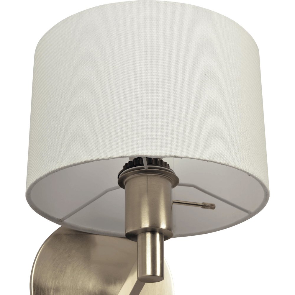 Nebula Brushed Nickel Base Wall Lamp with Rotary Switch White Fabric Shade. Picture 3