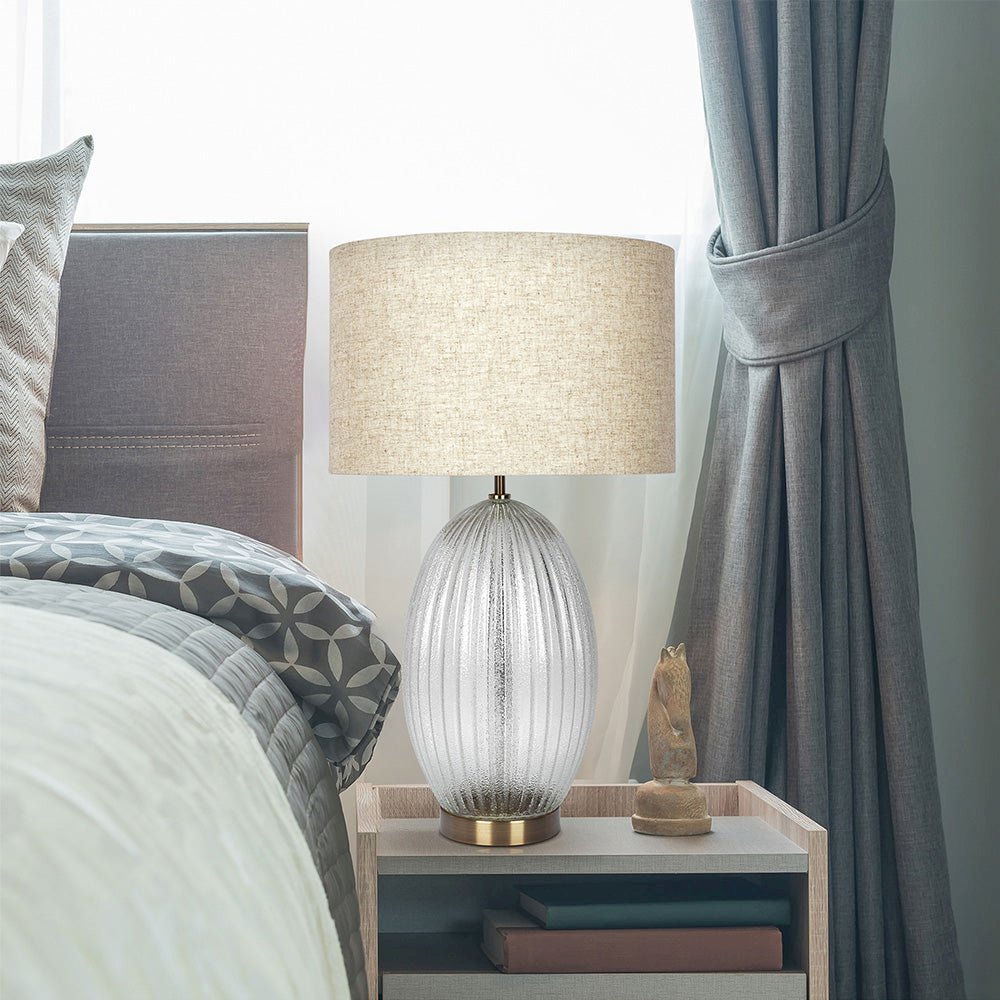 Aurora Ribbed Glass Lamp Base Clear Table Lamp Large Linen Shade. Picture 4