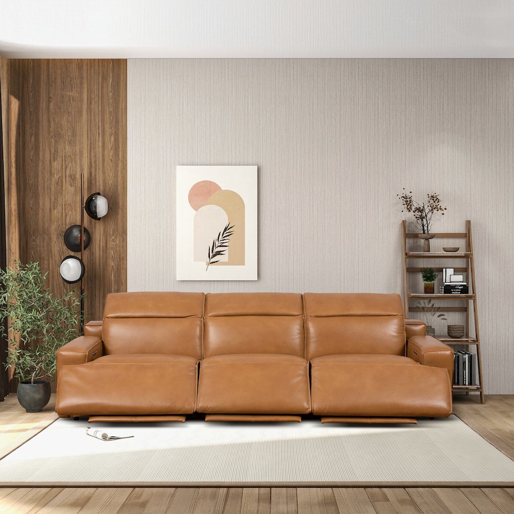 Urbana Triple PWR Tan Leather Recliner Sofa. Picture 3