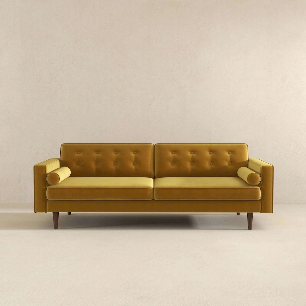 Casey Mid Century Modern Gold Velvet Sofa. Picture 2