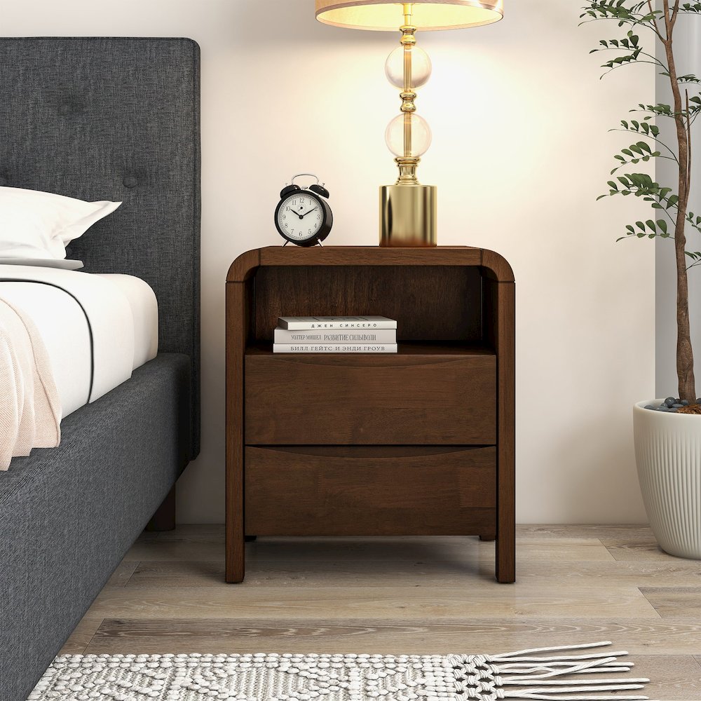 Lionel Mid Century Modern Solid Wood Nightstand 2-Drawer. Picture 3