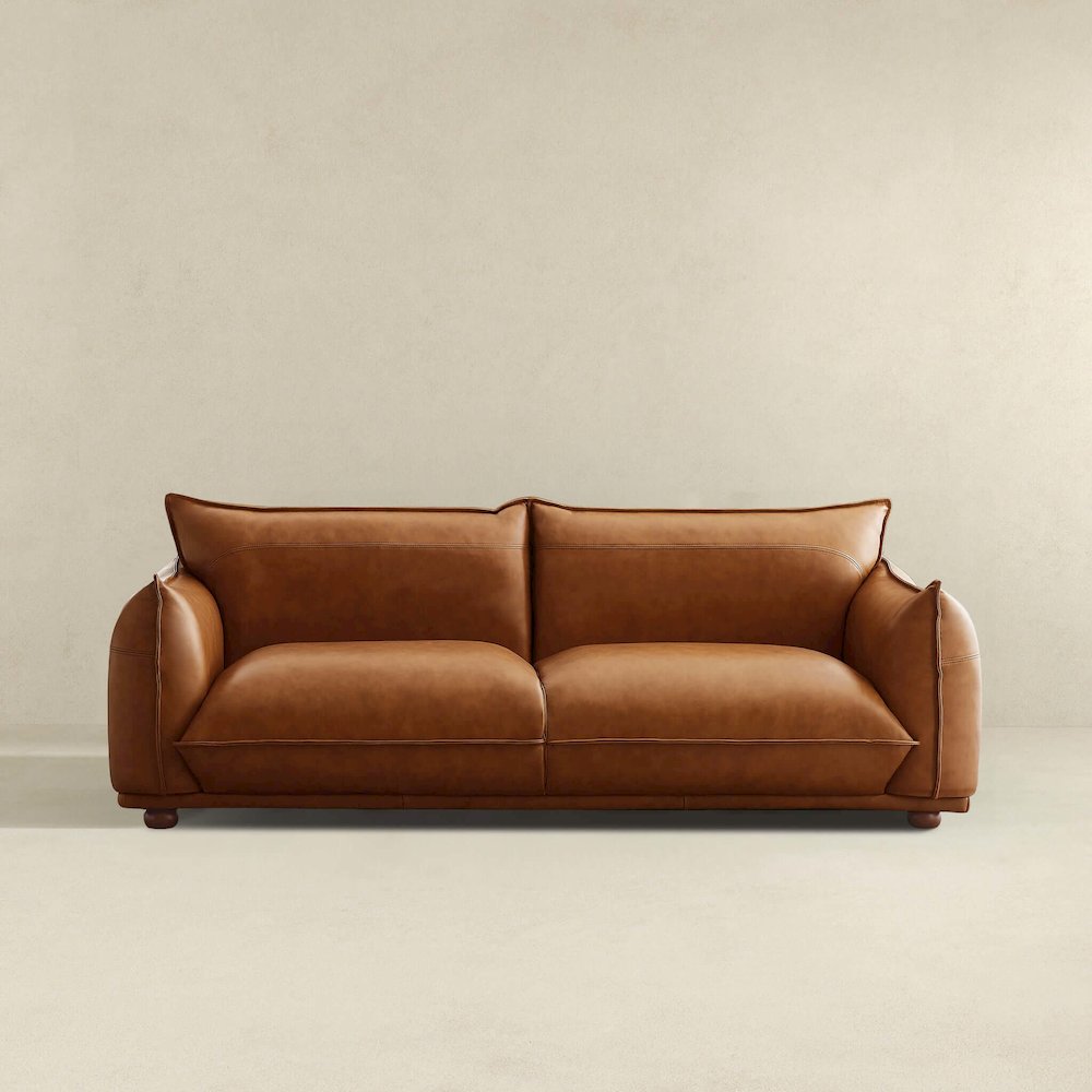 Emma Mid Century Modern Luxury Cognac Leather Sofa. Picture 5