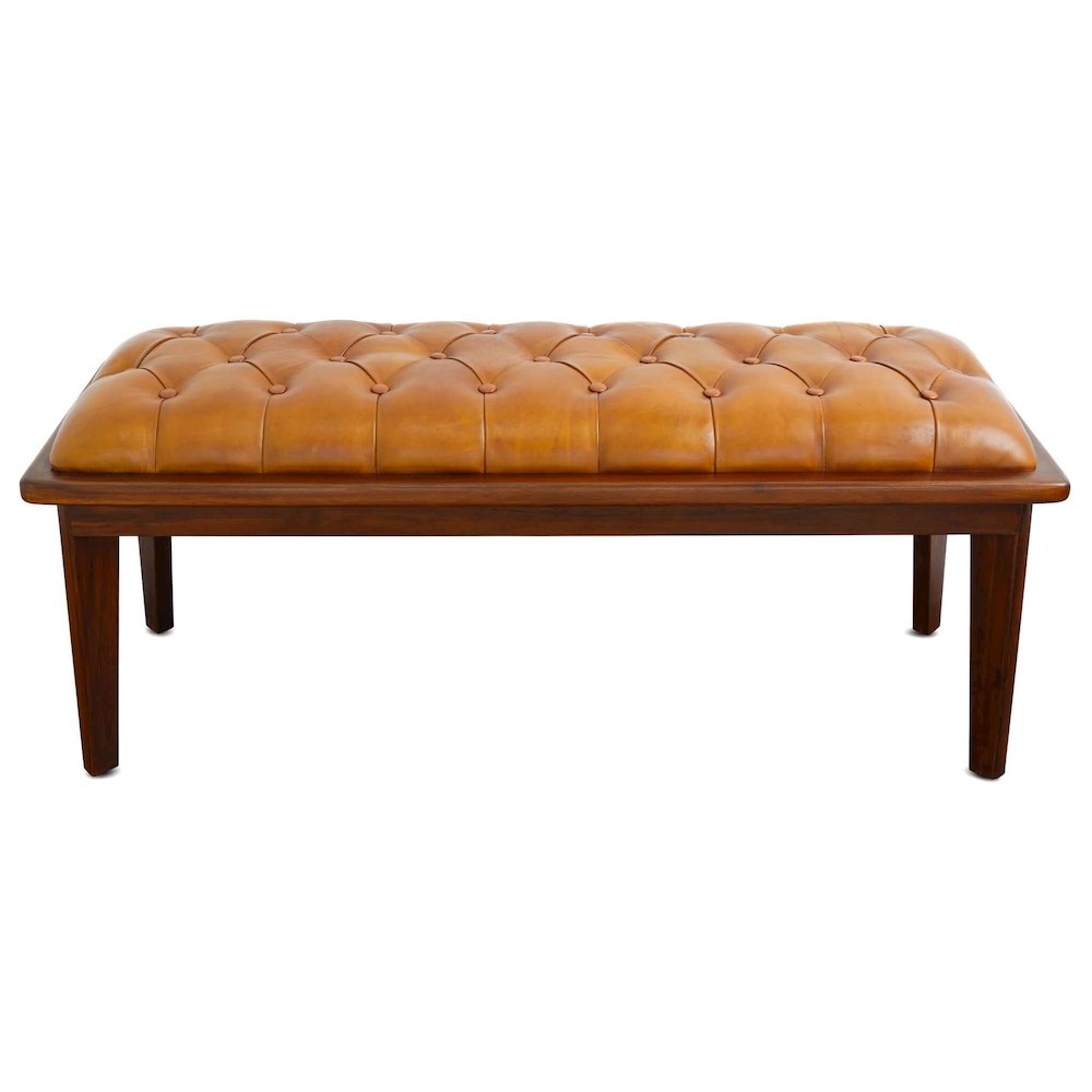 Arden Tan Leather Bench With Buttons. Picture 1