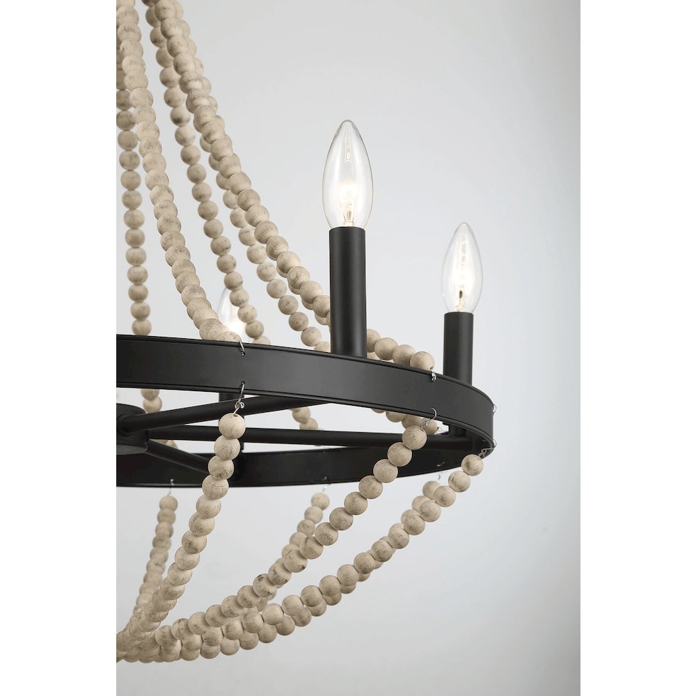 Wood Chandelier Farmhouse Six Candle Light Wood Beaded Black Pendant Light. Picture 5