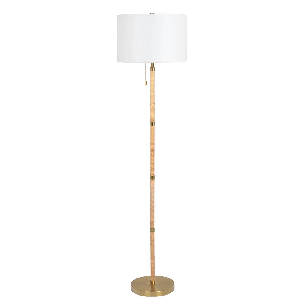 Stellar Wood Rattan Tube - Gold Brass Metal and White Linen Shade Floor Lamp. Picture 1