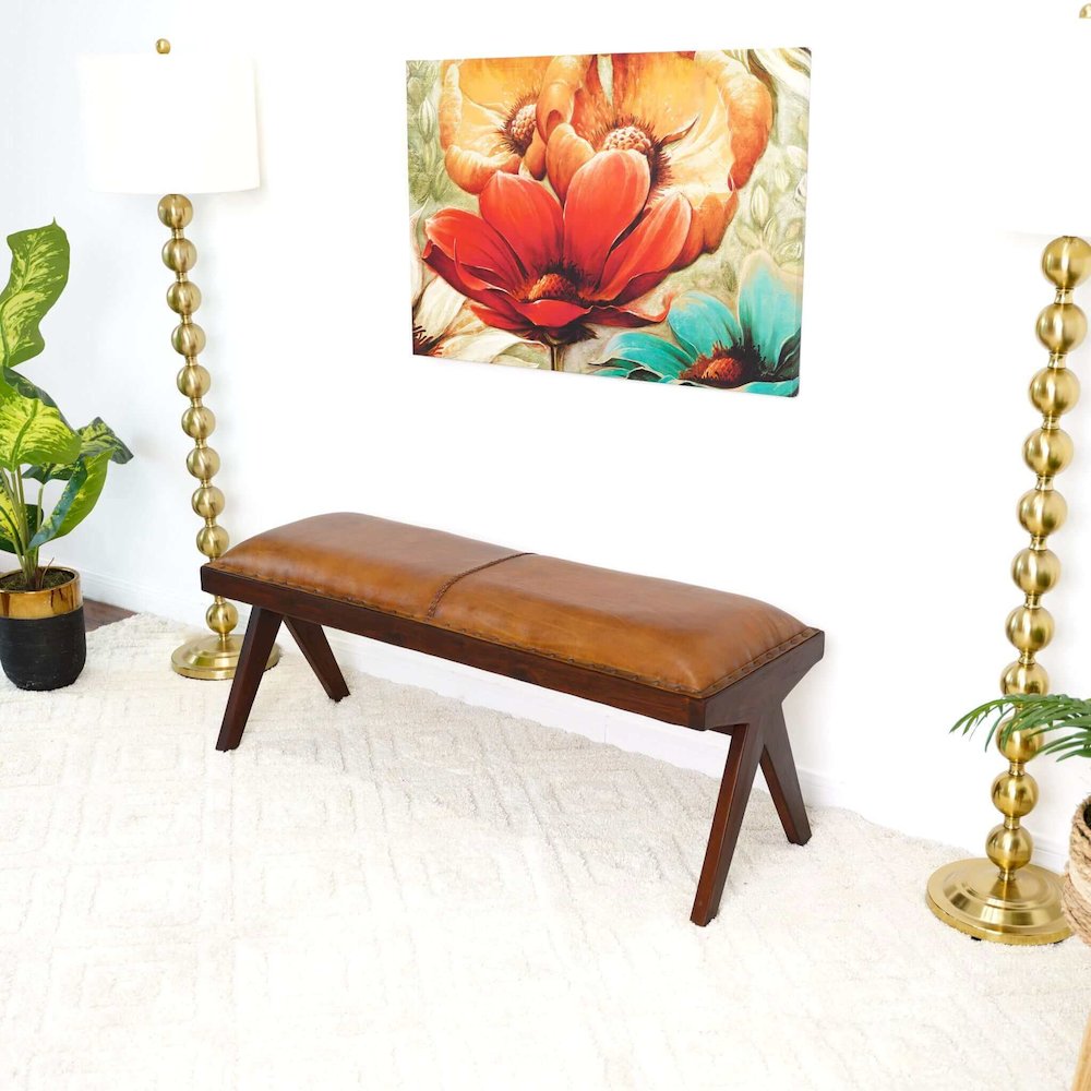 Chad Mid Century Modern Tan Leather Bench. Picture 6