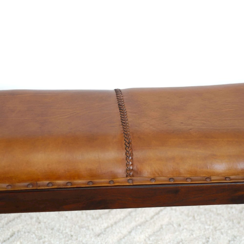 Chad Mid Century Modern Tan Leather Bench. Picture 3