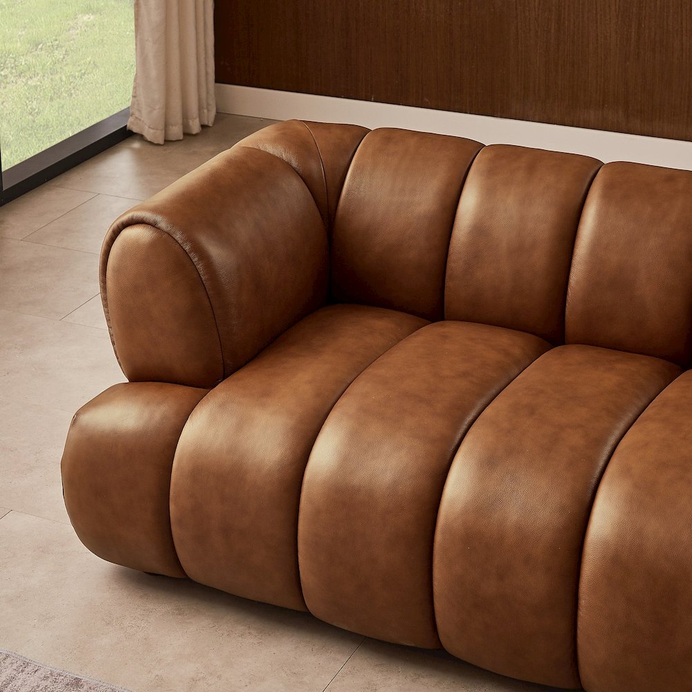 Jasmin Mid-Century Modern Cognac Genuine Leather Sofa. Picture 6