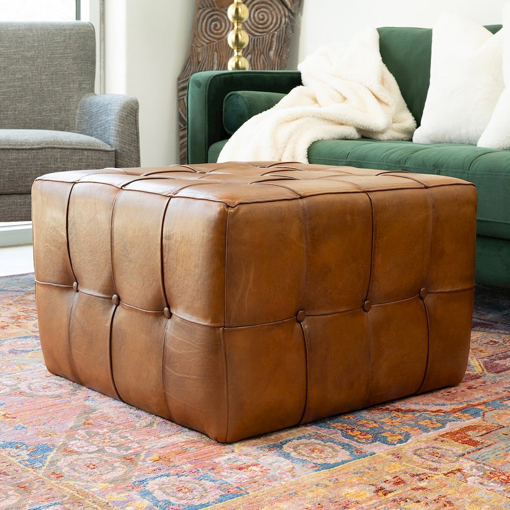 Benjiro Square Tan Leather Ottoman. Picture 4
