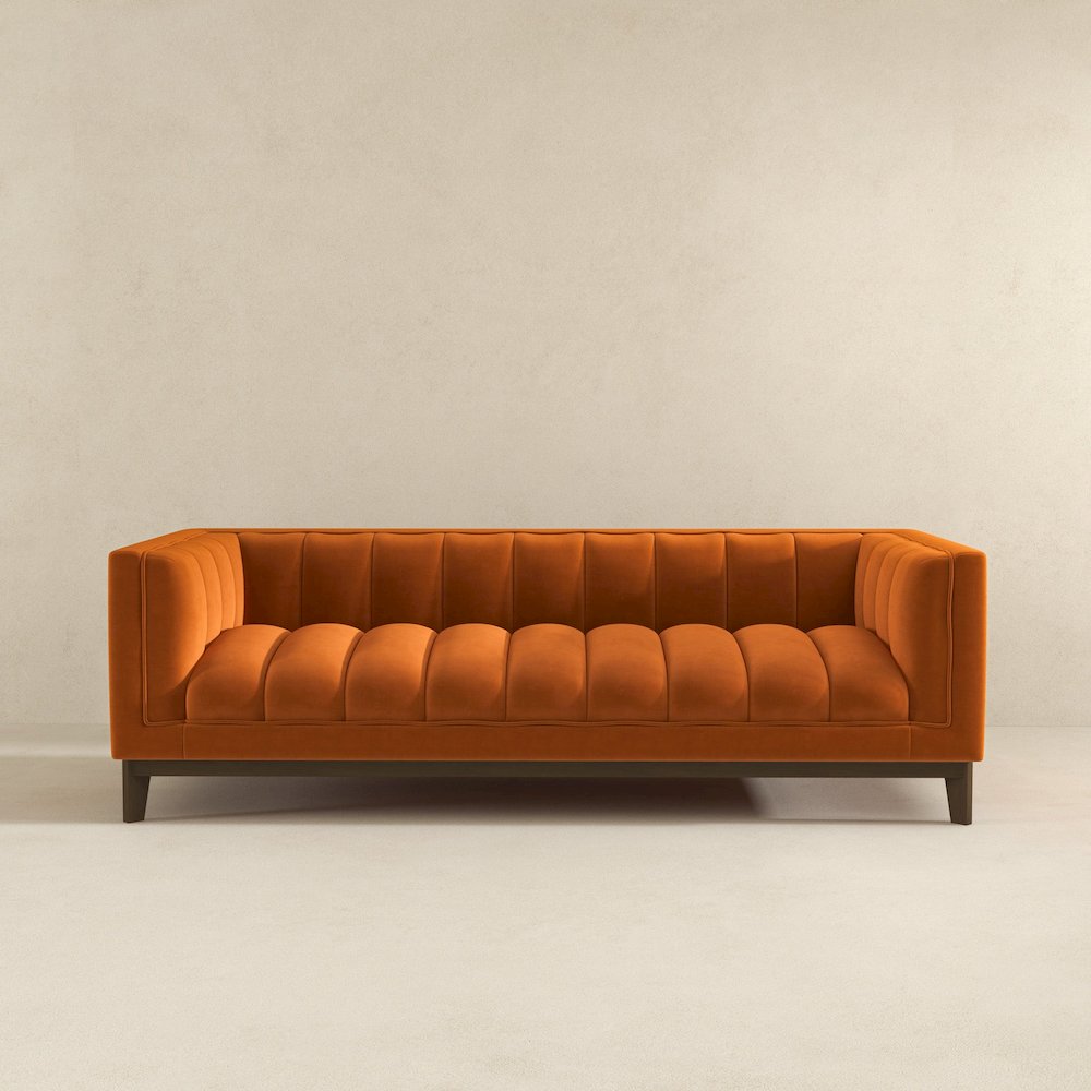 Melissa Mid-Century Orange Velvet Modern Sofa. Picture 4