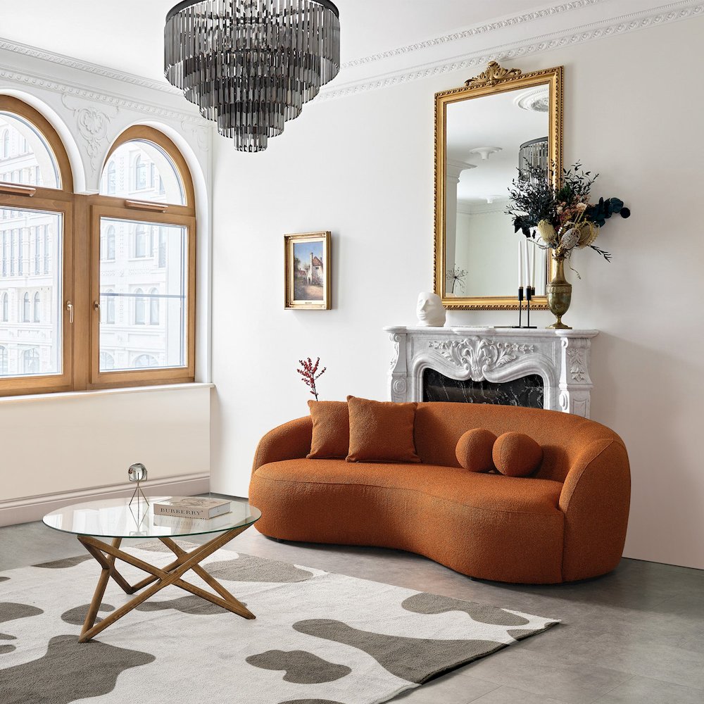 Drake Burnt Orange Japandi Style Curvy Boucle Sofa. Picture 2