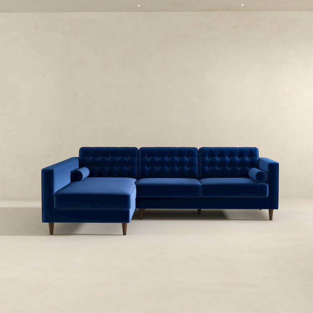 Christian  Blue Velvet Sectional Sofa Left Facing. Picture 3