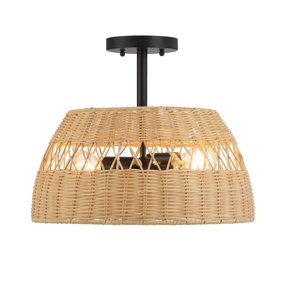 2-Light Rattan Semi-Flush Mount | Black Metal & Woven Farmhouse Ceiling Light. Picture 3
