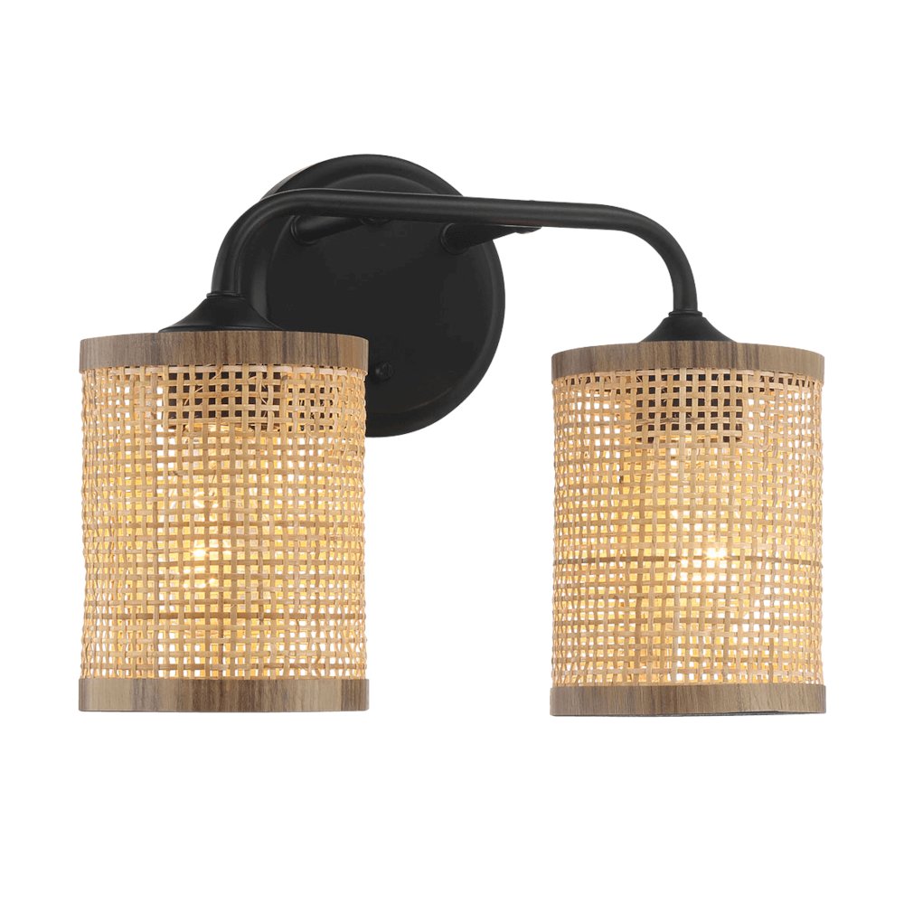 Quell 2-Light Rattan Wall Sconce with Black Metal Finish. Picture 3