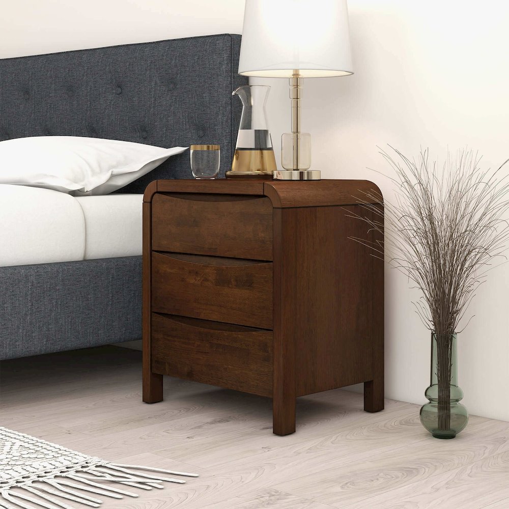 Lionel Mid Century Modern Solid Wood Nightstand 3-Drawer Bed Side Table. Picture 4