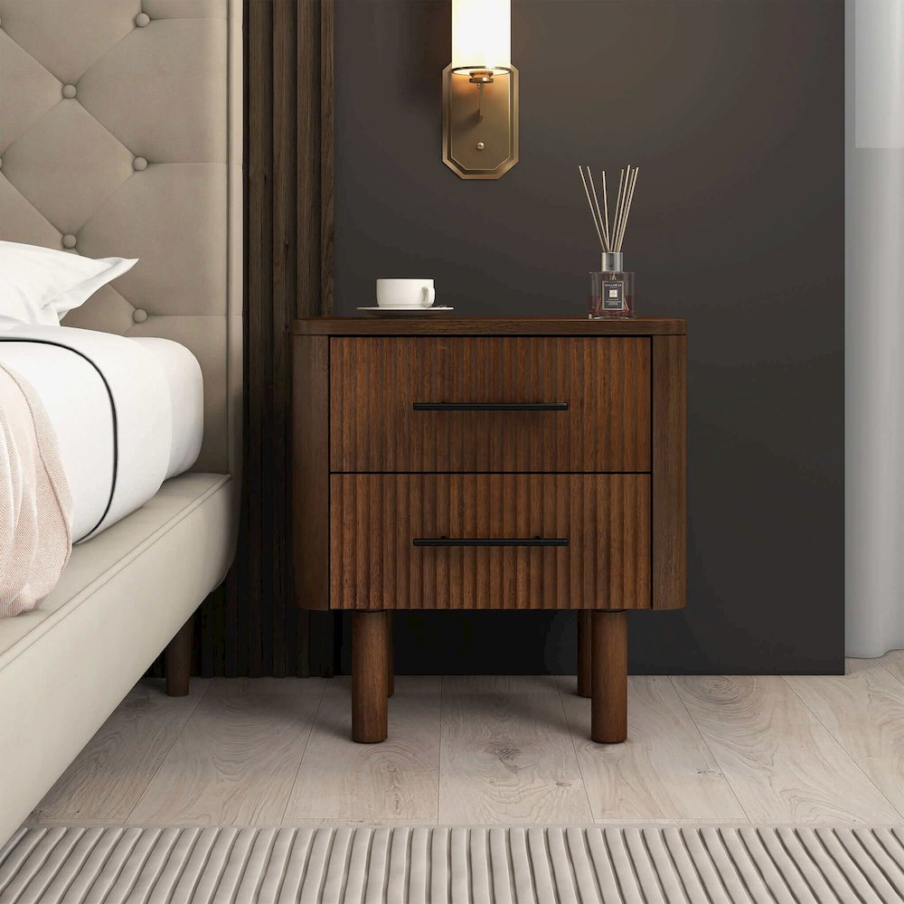 Logan Mid Century Modern Walnut Nightstand Bed Side Tables With 2 Drawers. Picture 3