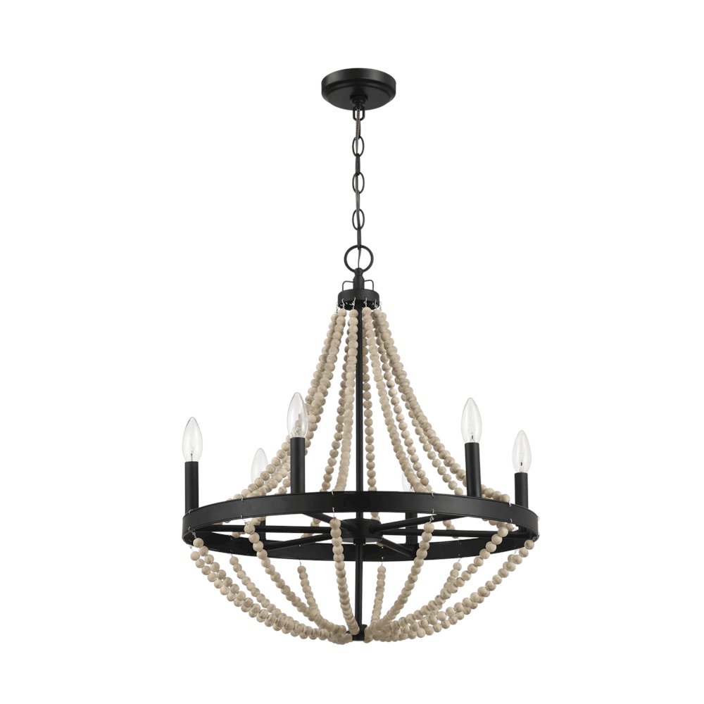 Wood Chandelier Farmhouse Six Candle Light Wood Beaded Black Pendant Light. Picture 1
