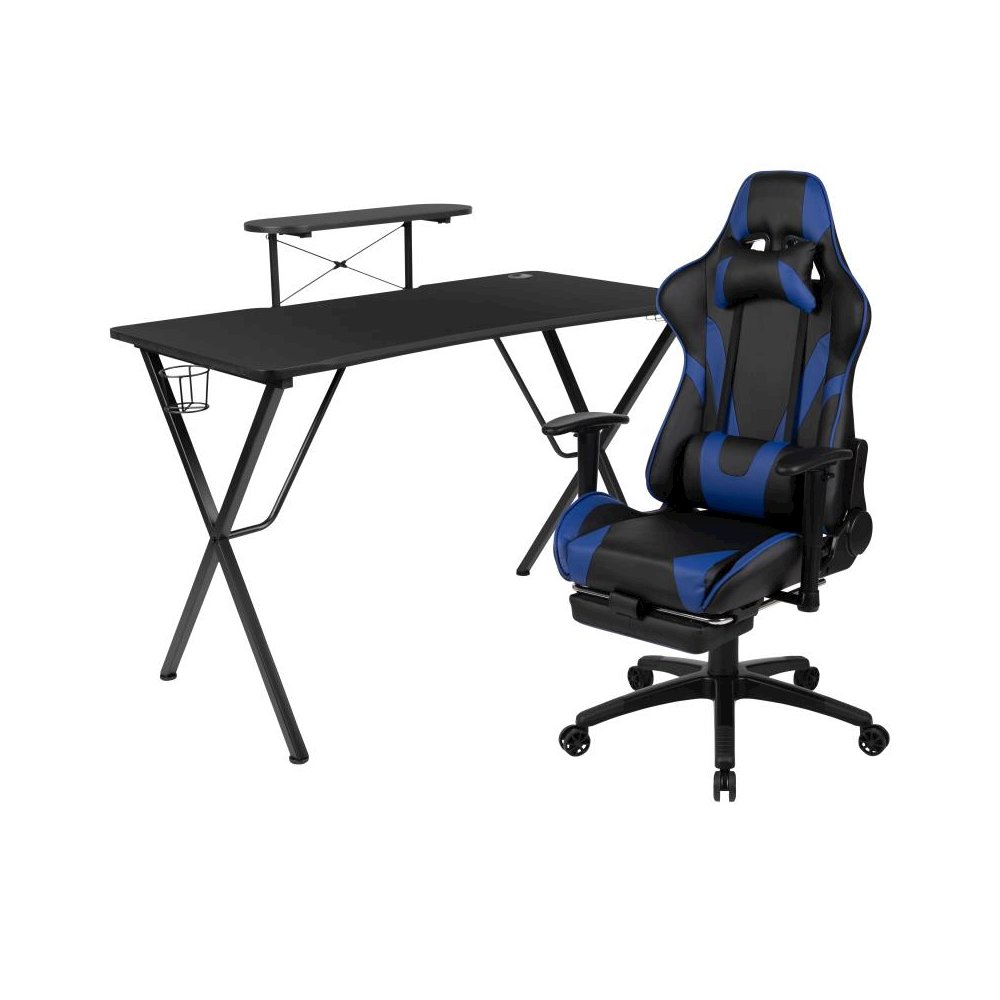 Black Gaming Desk with Cup Holder/Headphone Hook and Monitor/Smartphone Stand & Blue Reclining Gaming Chair with Footrest. Picture 1