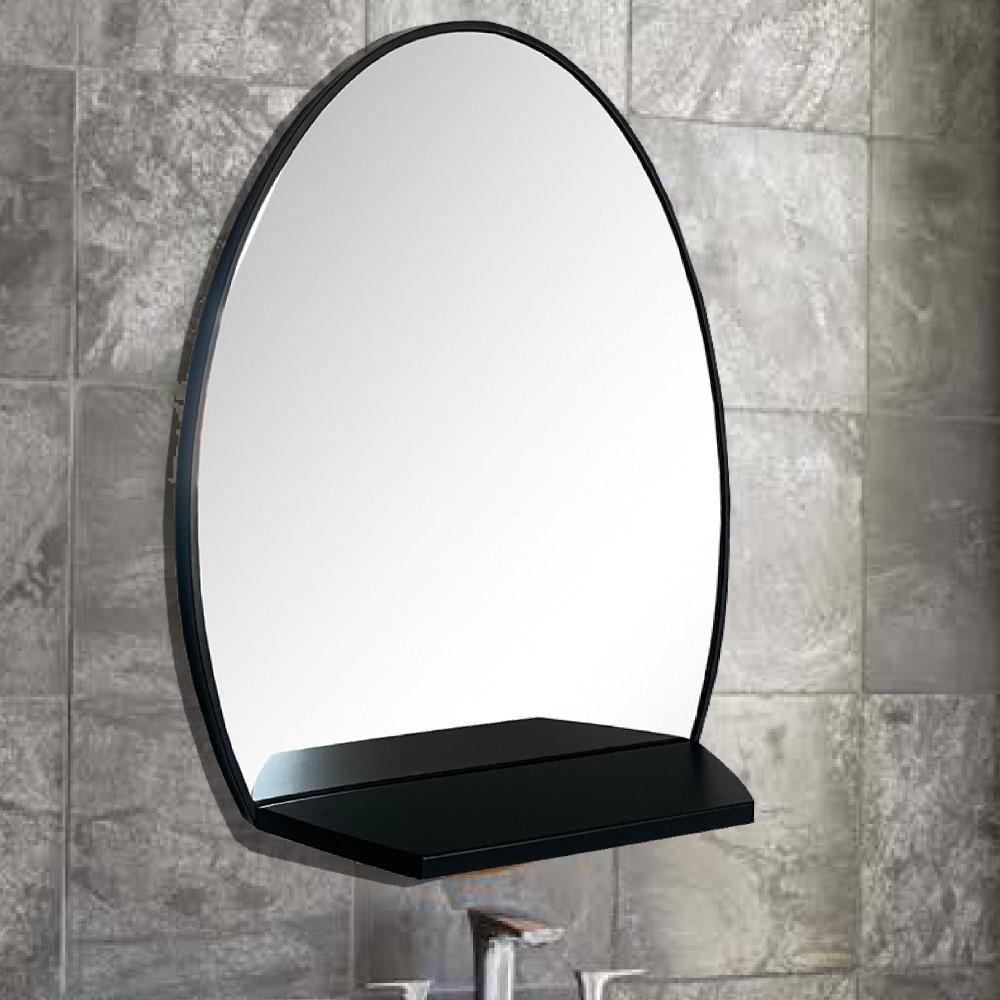 Oval Metal Frame Mirror with Shelf in Matte Black. Picture 2