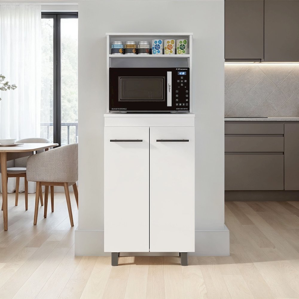 Taylor Kitchen Storage Cabinet with Microwave Shelf and Doors, White. Picture 2