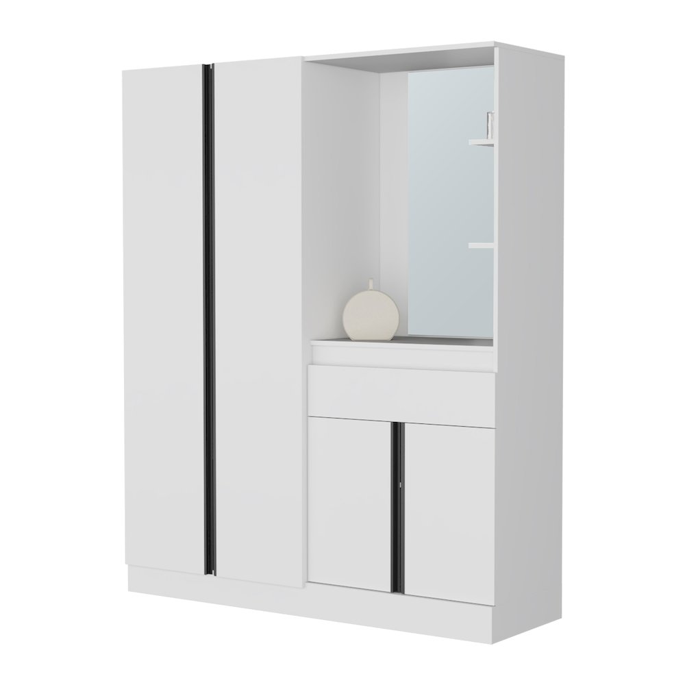 CaneMulti-Functional Wardrobe with Vanity Mirror and Storage, White. Picture 2