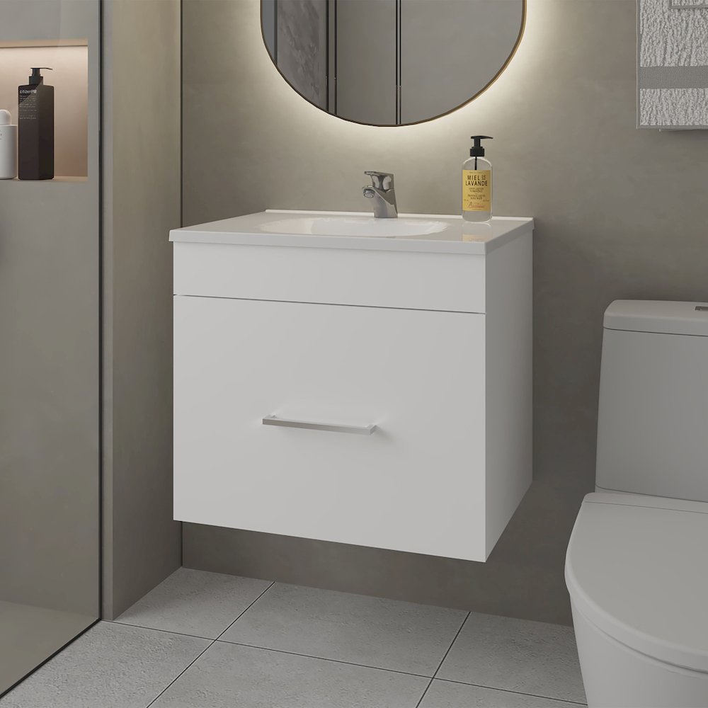 Story Floating Bathroom Vanity Set with Sink, One Drawer White. Picture 4