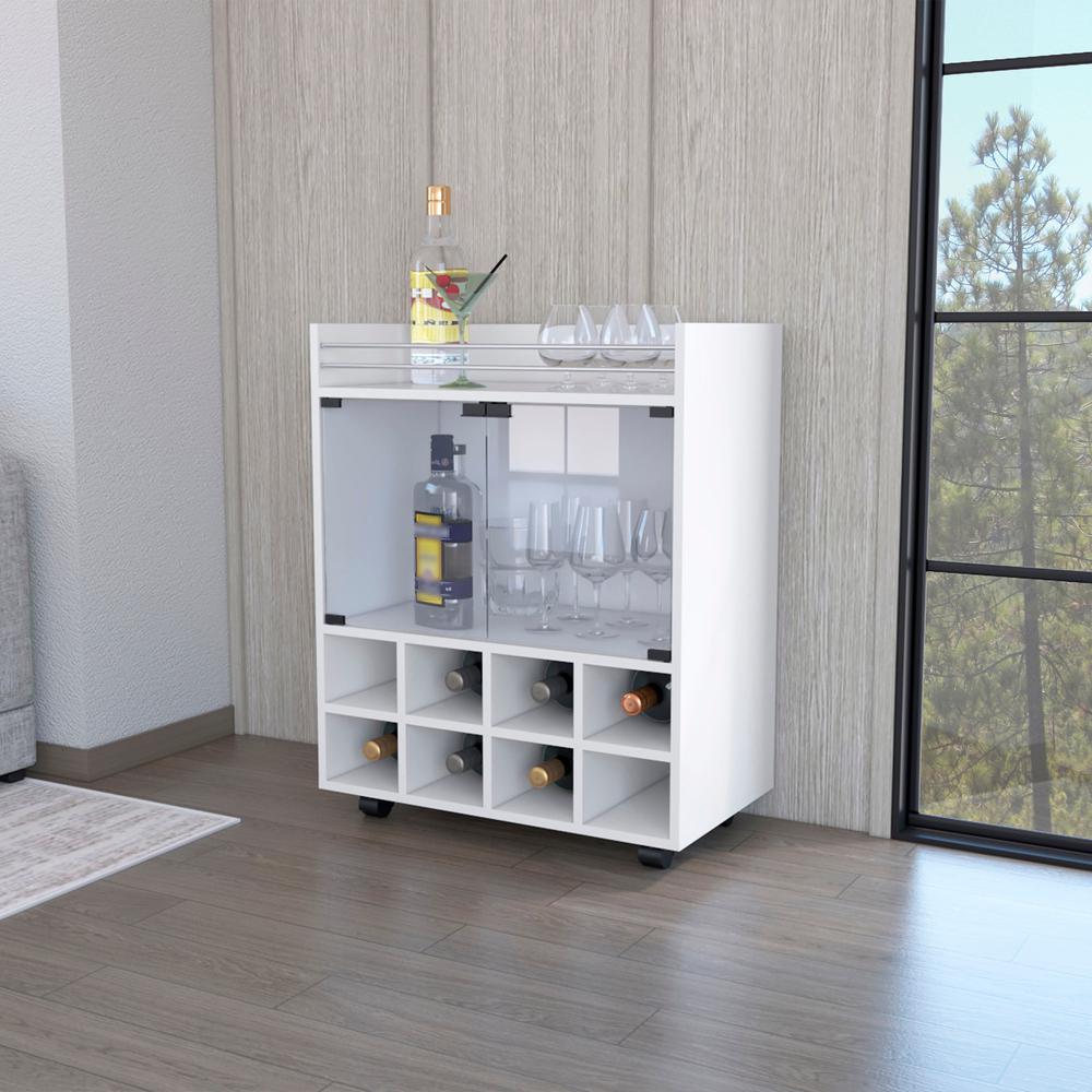 Minneapolis Bar Cart with Integrated 8-Bottle Rack, Glass Encased Cabinet. Picture 4