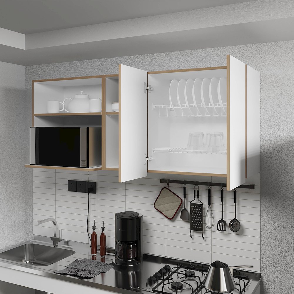 Wall-Mounted Kitchen Cabinet with Microwave Space, Open Shelves, Double Doors. Picture 3
