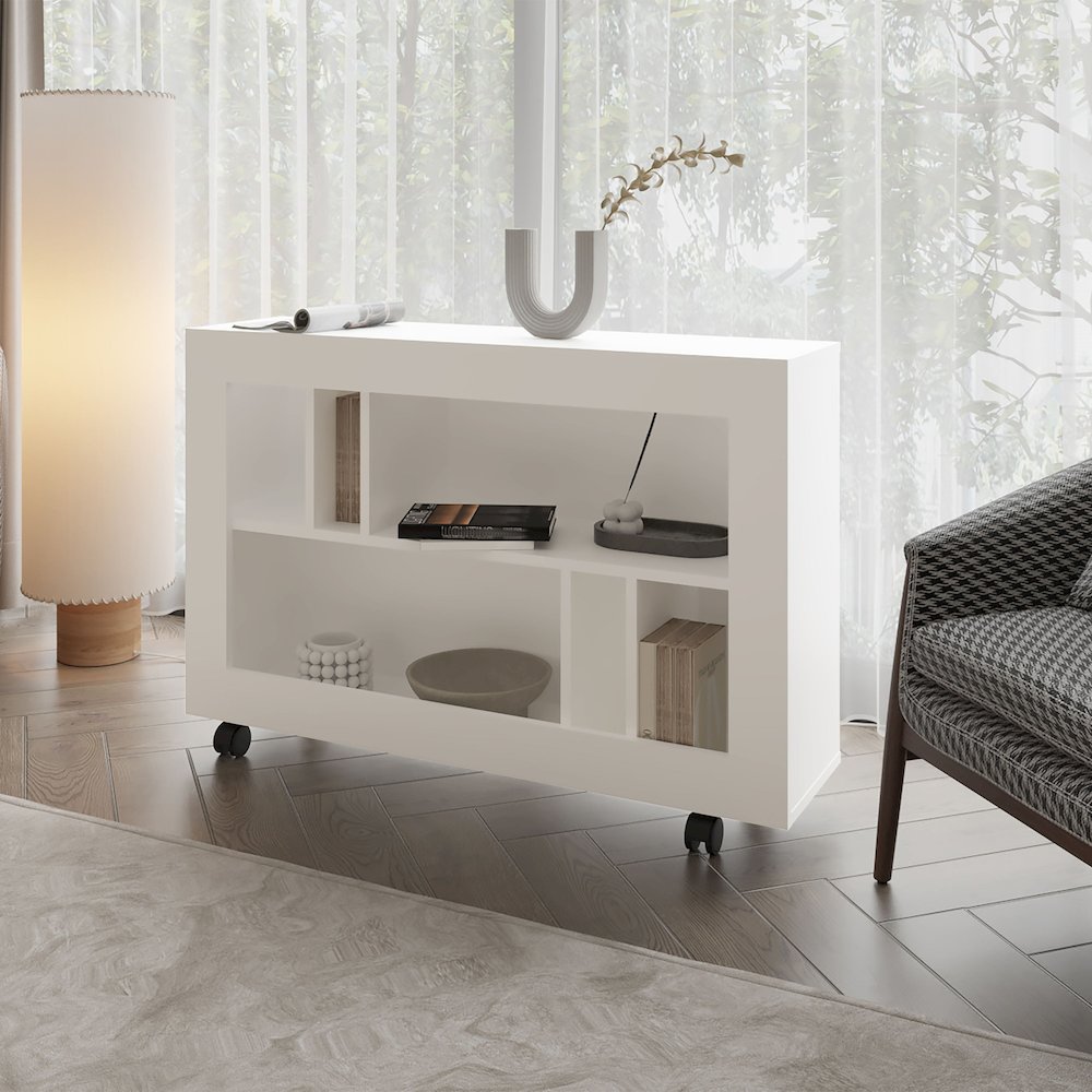Cowlic Console Table in Melamine with Open Storage, White. Picture 4