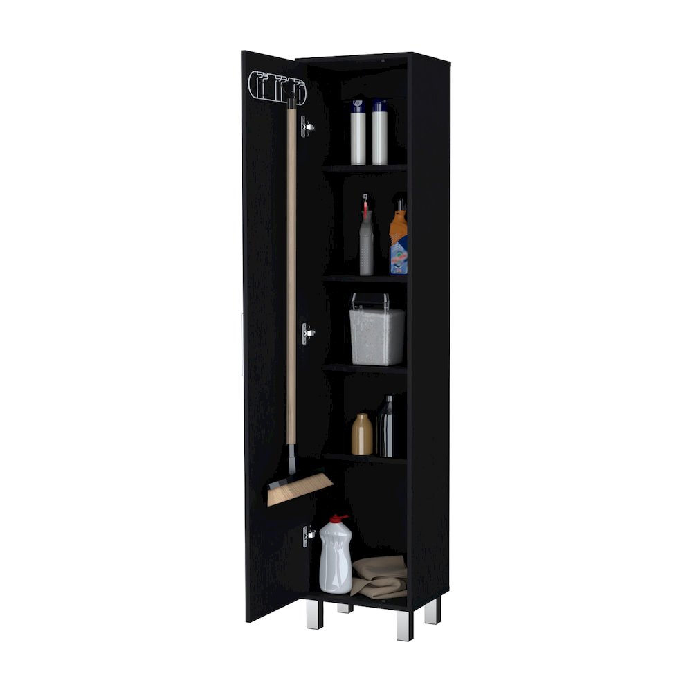 Lawen Tall Storage Cabinet in melamine, Single Door, 3 Broom Hangers. Picture 6