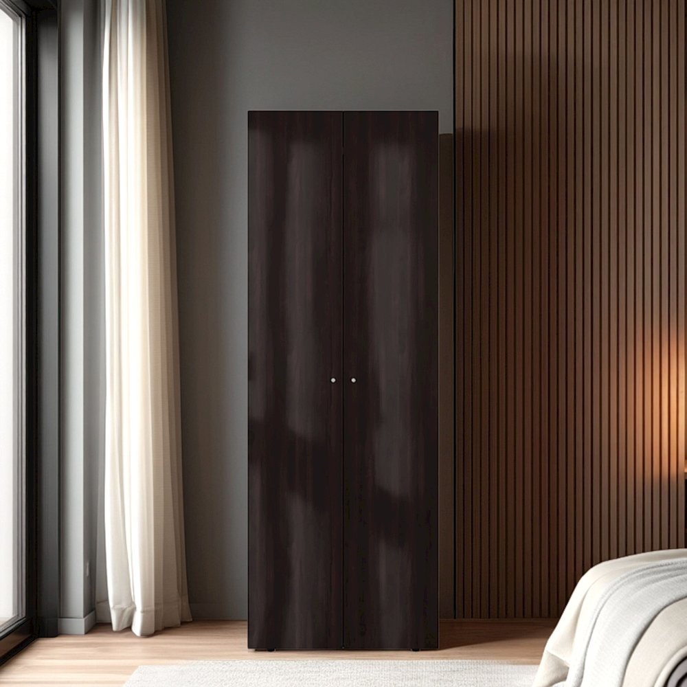 2-Door Wardrobe Cabinet, 4 Shelves, Vertical Storage, 66.9"H, Stained Walnut. Picture 5