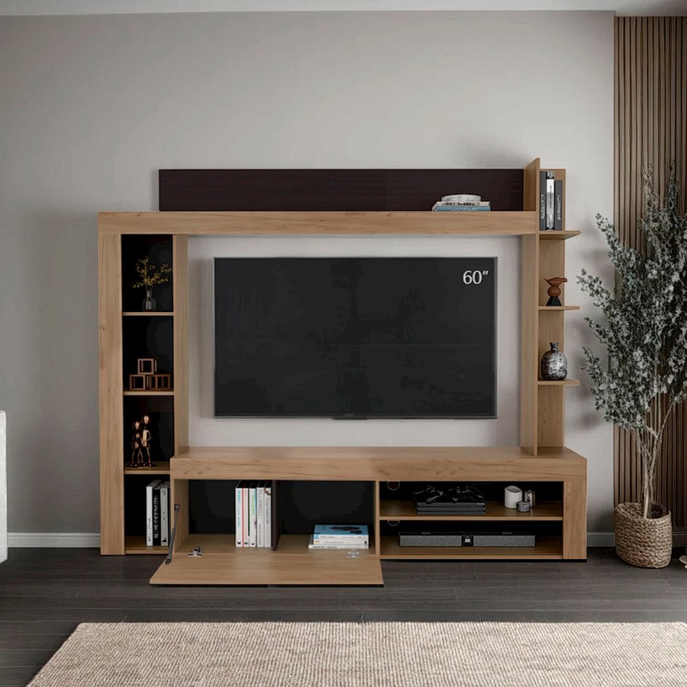 Entertainment Center, TV Stand 70" with Shelves and Cabinets, Natural Oak. Picture 2
