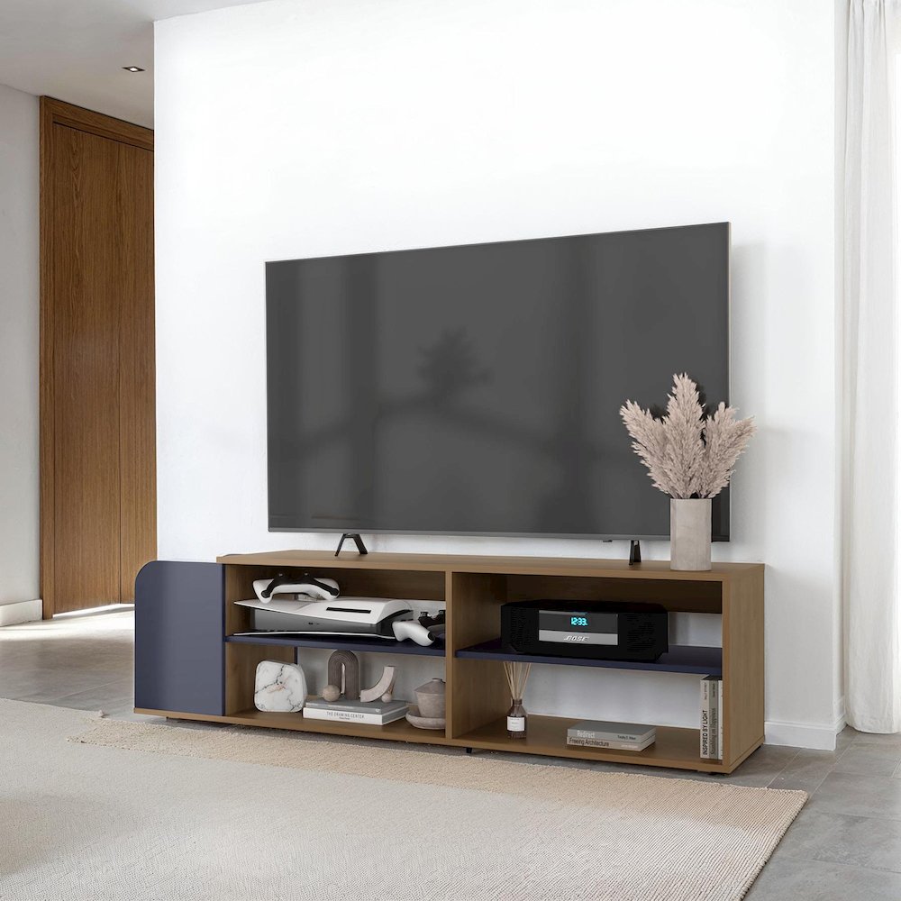 Modern TV Stand, Entertainment Console with Open Shelves, Navy blue. Picture 7