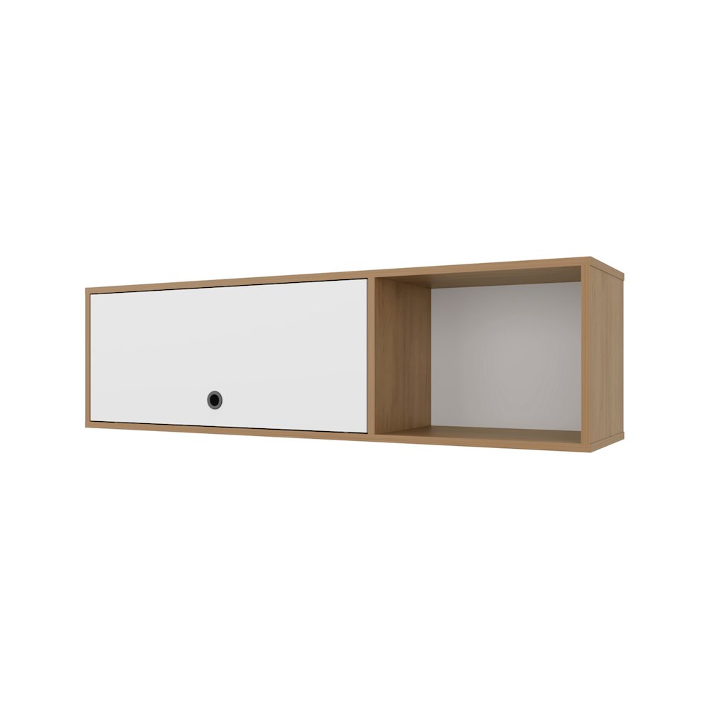 Wall-Mounted Cabinet with Lift-Up Door, Open Compartments, Natural Oak and White. Picture 1
