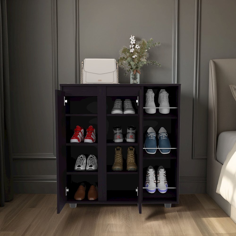 Shoe Storage Cabinet, 2 Doors, 8  Enclosed Shelves, 3 Open Side Shelves, Wenge. Picture 3