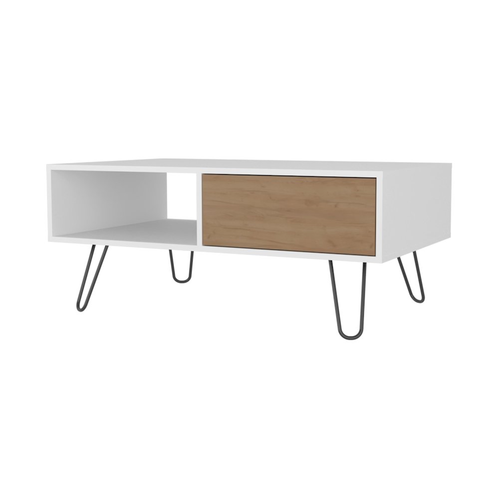Gramling Coffee Table with a Drawer and Hairpin Legs, White + Natural Oak. Picture 1